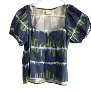 Richer Poorer Navy Puff Sleeve Square Neck Top with Olive & Light Blue Pattern